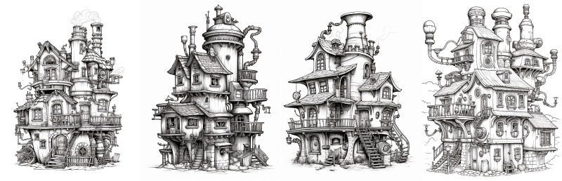 スチームパンクハウス 大人の塗り絵サンプル